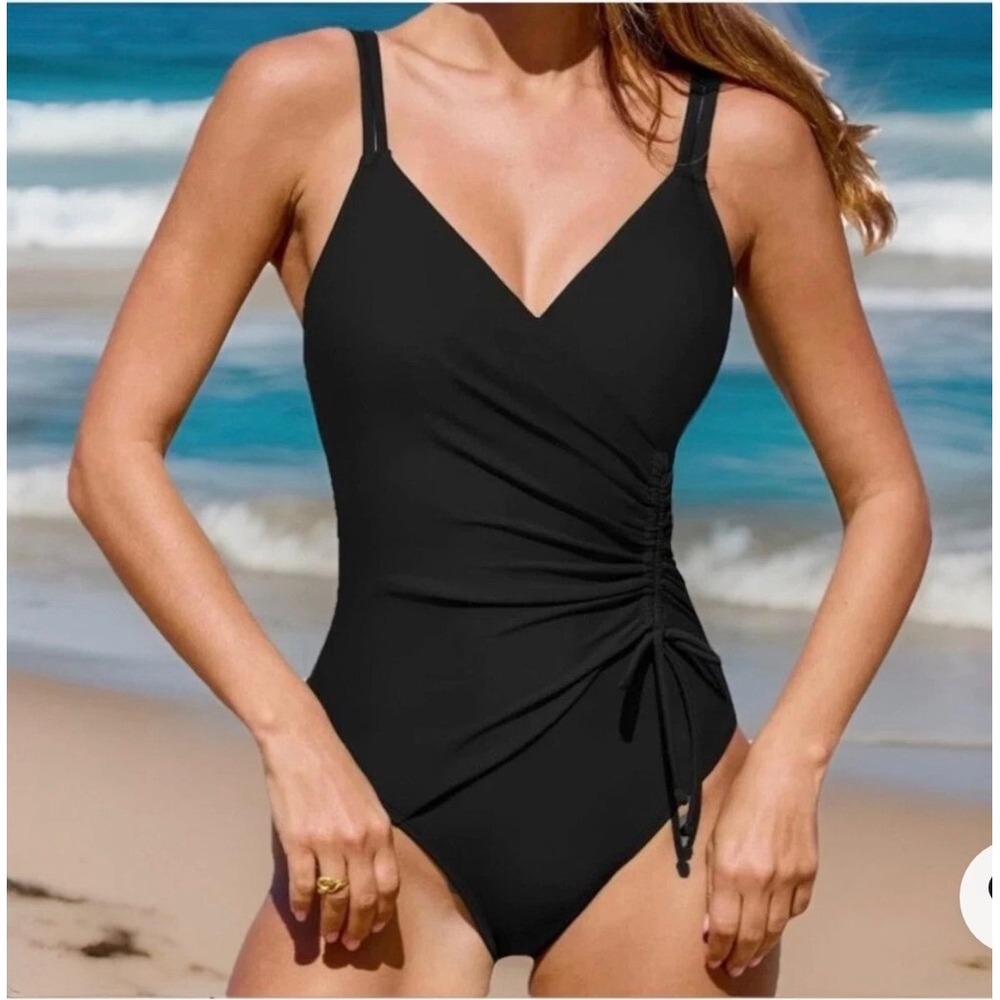 Cupshe Black Side Drawstring Wrap Front One Piece Swimsuit‎ Size Large Slimming